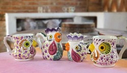 mexico-ceramics-pottery-rooster-creamer-and-sugar-set-mug-majolica-hand-painted-mexico-purple