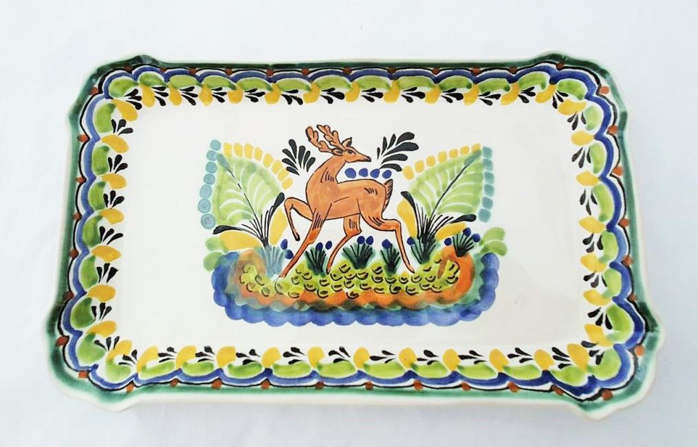  190611-11-mexican-ceramic-pottery-hand-painted-deer-motive-tray-serving-tableware
