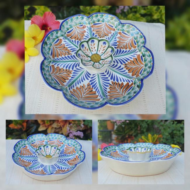  200615-03-05+mexican+ceramics+decorative+nachos+platter+bowl+with+center+cheese+dip+cup++majolica+talavera+mexico