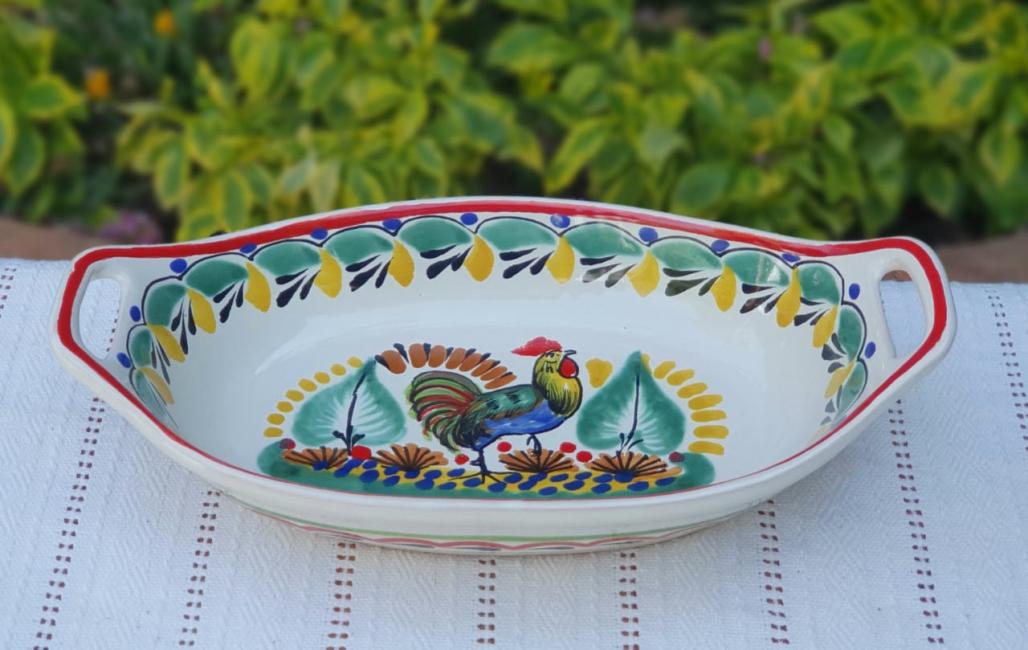  200722-21-03-mexican-ceramic-pottery-oval-bowl-with-handle-talavera-majolica-hand-made-mexico-table-serving-rooster-motive