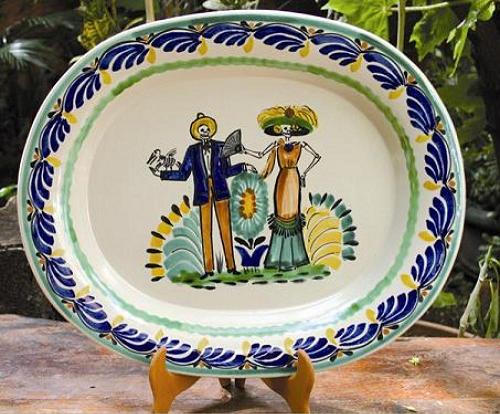 mexican ceramic mexican potttery folk art talavera Gorky Gonzalez Catrina Couple<br>Serving Oval Platter<br>MultiColors