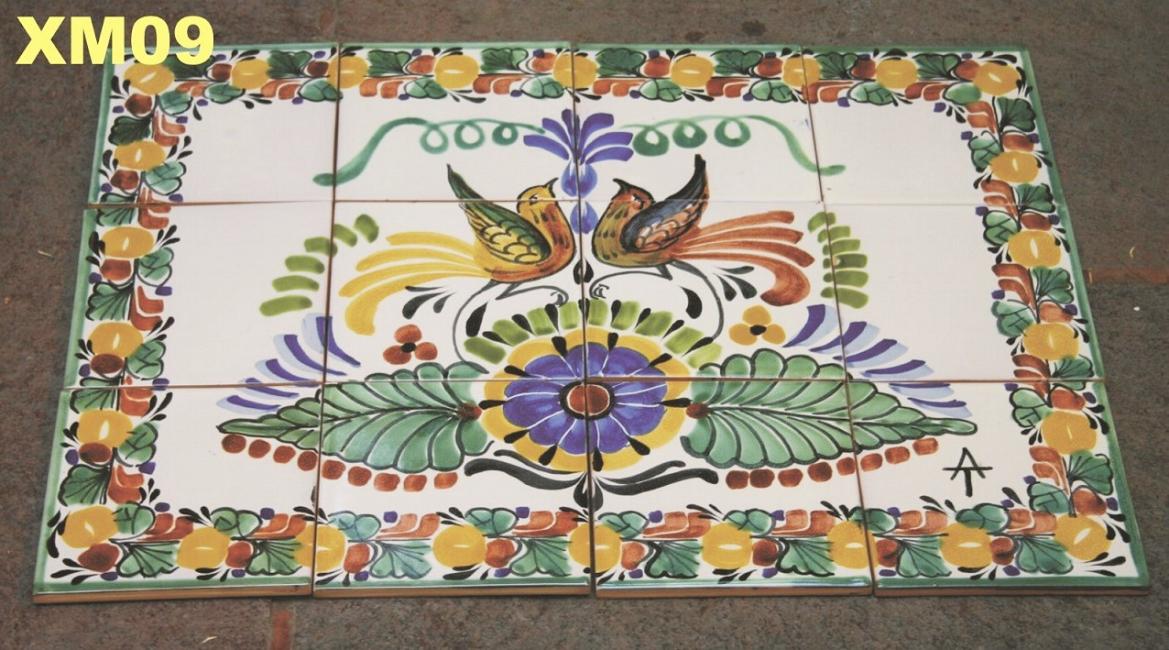 ceramica mexicana pintada a mano majolica talavera libre de plomo Mural de Azulejos<br>Dos Pajaros colores