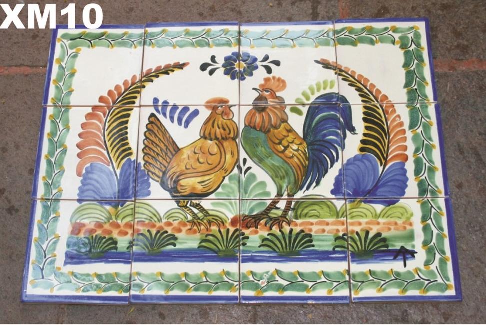 ceramica mexicana pintada a mano majolica talavera libre de plomo Mural de Azulejos<br>Familia Gallos