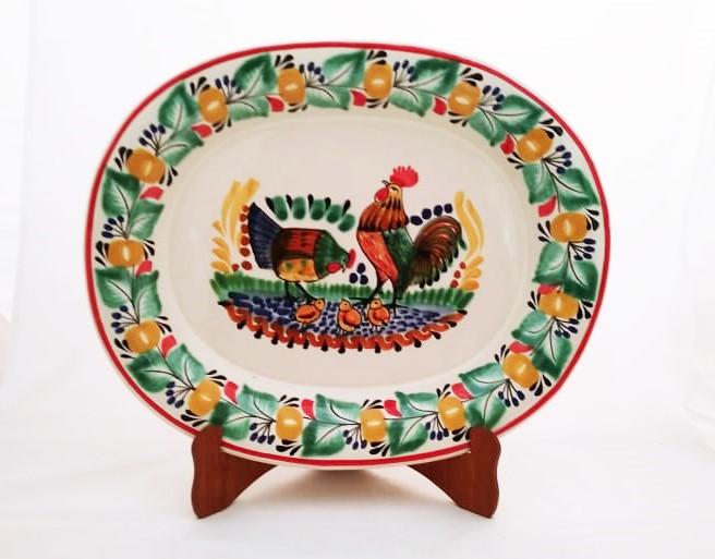  mexican ceramic mexican potttery folk art talavera Gorky Gonzalez Semi Oval Platter<br>Rooster Family<br>Green-Terracota Colors