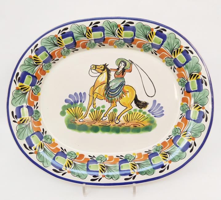 ceramica mexicana pintada a mano majolica talavera libre de plomo Platon Sin Recortar<br>Charra II<br> en Colores Azul-Verde