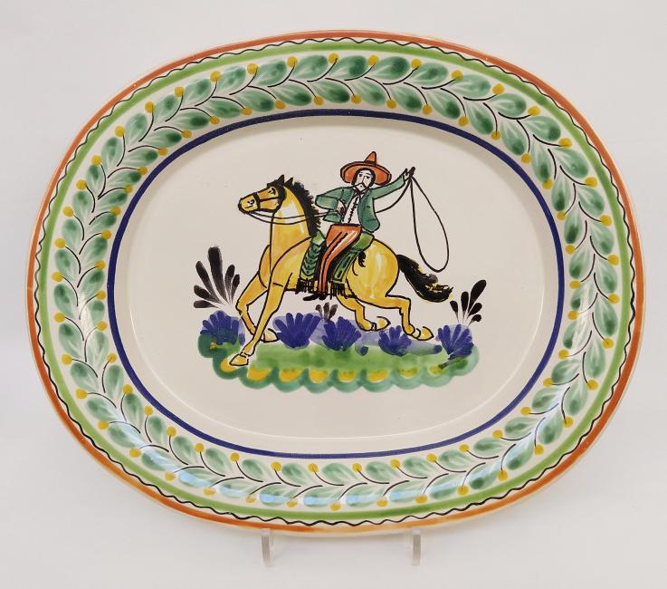  mexican ceramic mexican potttery folk art talavera Gorky Gonzalez Cowboy I<br>Semi Oval Platter<br>Green-Terracota Colors