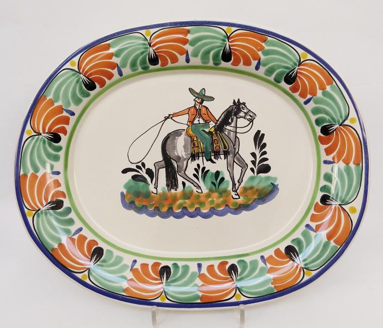 ceramica mexicana pintada a mano majolica talavera libre de plomo Platon Sin Recortar<br>Charro II<br>en Colores Verde-Nacar