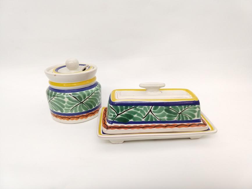  mexican ceramic mexican potttery folk art talavera Gorky Gonzalez Butter Dish and<br>Jam Jar<br>Green-Blue Colors