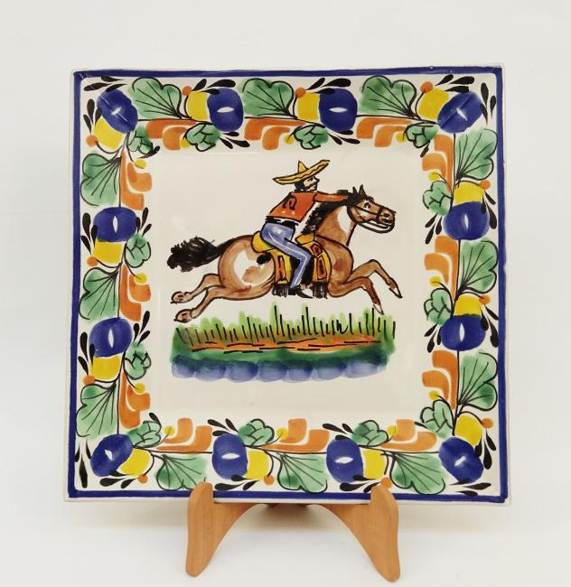 ceramica mexicana pintada a mano majolica talavera libre de plomo Plato Cuadrado<br>Charro