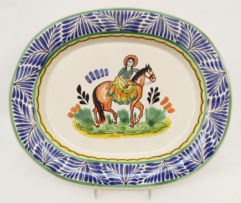  mexican ceramic mexican potttery folk art talavera Gorky Gonzalez CowGirl I<br>Semi Oval Platter<br>Tray
