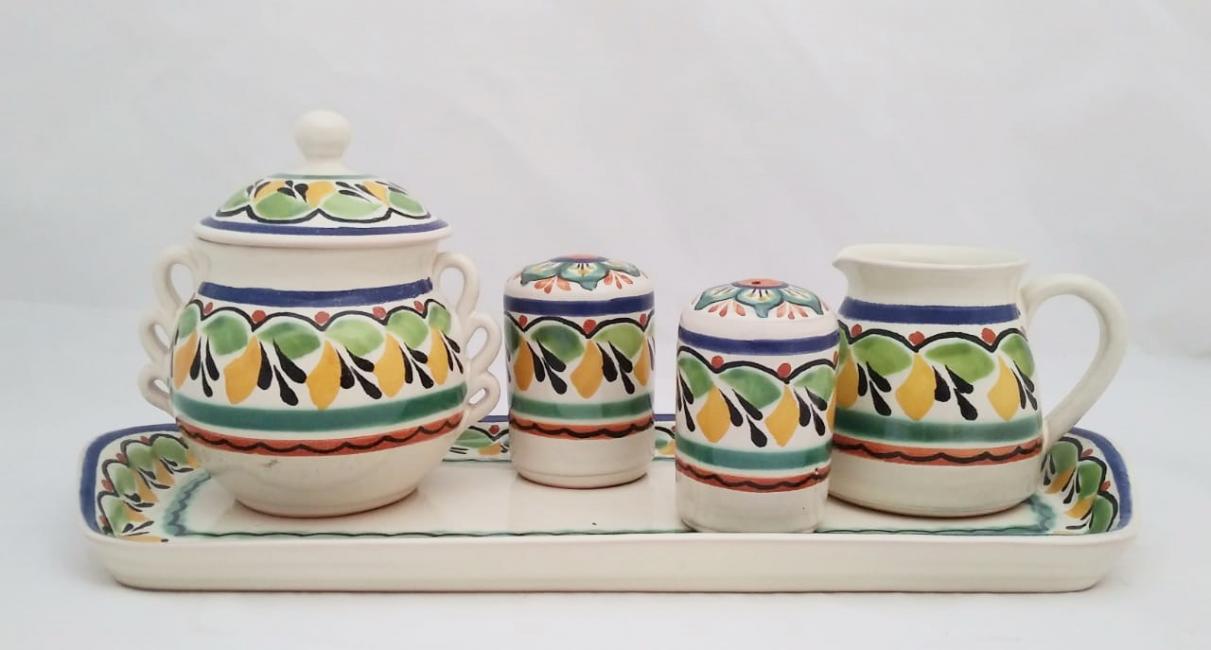  mexican ceramic mexican potttery folk art talavera Gorky Gonzalez Sugar Set (5 pieces)<br>Green-Yellow-Blue Colors
