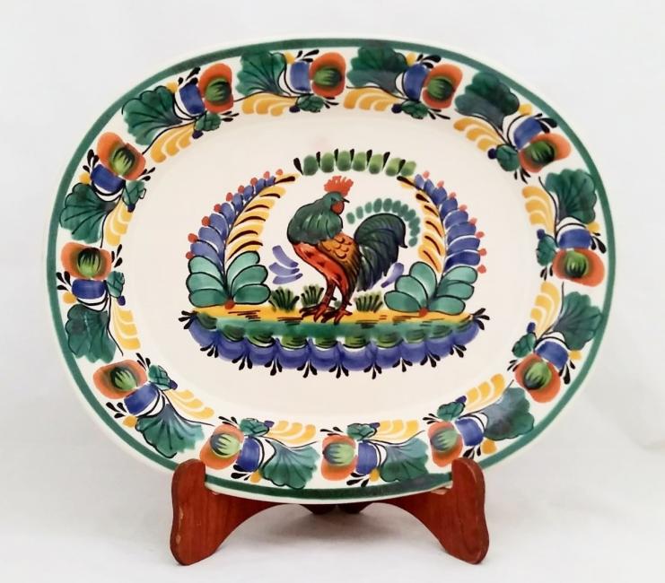  mexican ceramic mexican potttery folk art talavera Gorky Gonzalez Semi Oval Platter<br>Rooster Green Colors