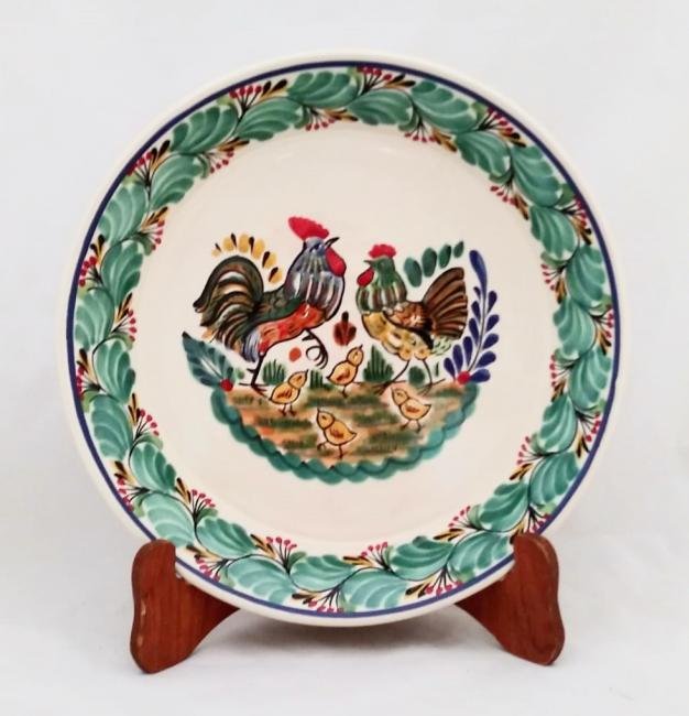 ceramica mexicana pintada a mano majolica talavera libre de plomo Platon Redondo<br>Dos Pollos<br>en verdes