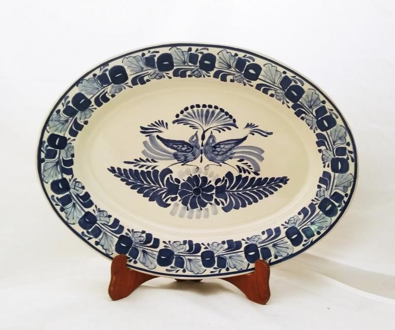 ceramica mexicana pintada a mano majolica talavera libre de plomo Platon Ovalado Esp<br>Dos Pajaros<br>Azul y Bco