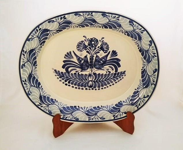  mexican ceramic mexican potttery folk art talavera Gorky Gonzalez Semi Oval Platter<br>Love Birds<br>Blue and White
