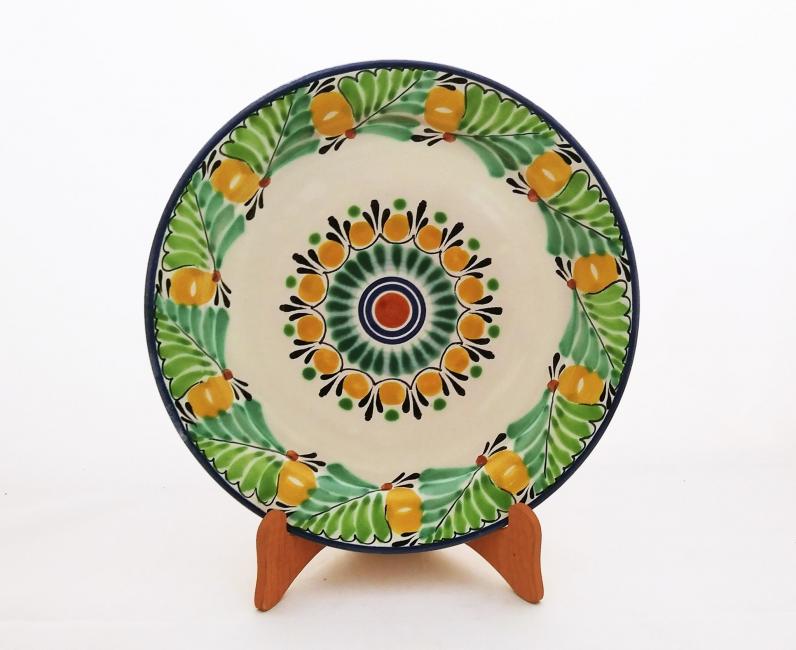  mexican ceramic mexican potttery folk art talavera Gorky Gonzalez Large Dinner Plate 12 in D<br>Flower<br>Green Colors