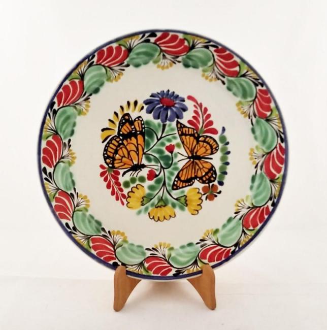  mexican ceramic mexican potttery folk art talavera Gorky Gonzalez Large Dinner Plate 12 in D<br>Butterfly<br>Green-Red Colors