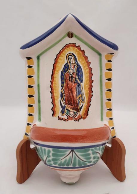  mexican ceramic mexican potttery folk art talavera Gorky Gonzalez Holy water fountain<br>Lady of Guadalupe<br>Green-Yellow Colors