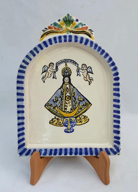 ceramica mexicana pintada a mano majolica talavera libre de plomo Retablo<br>Virgen San Juan<br>Colores Azul-Amarillo