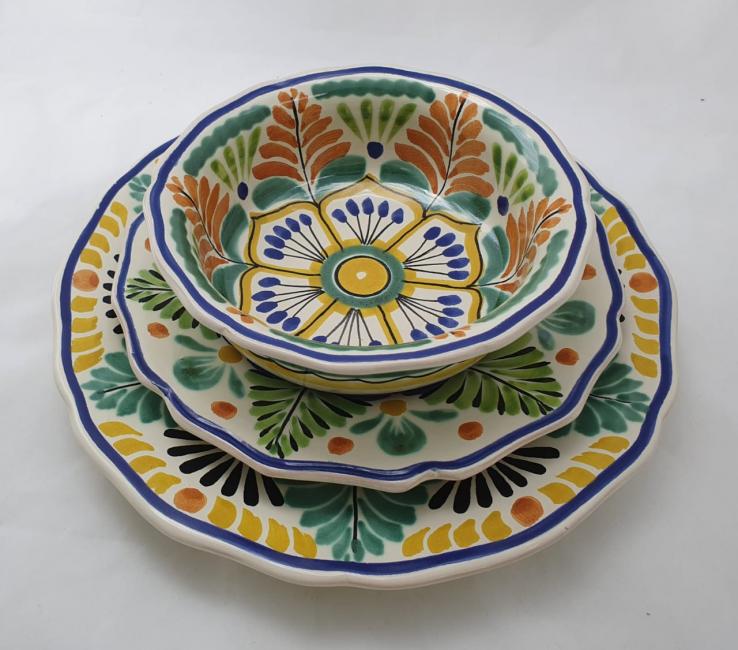 ceramica mexicana pintada a mano majolica talavera libre de plomo Vajilla Flor<br>3 piezas<br>Amarilla-Nacar-Verde