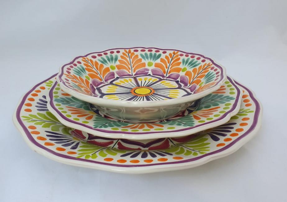 ceramica mexicana pintada a mano majolica talavera libre de plomo Vajilla Flor<br>3 piezas<br>Naranja-Verde