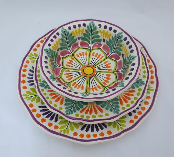 ceramica mexicana pintada a mano majolica talavera libre de plomo Vajilla Flor<br>3 piezas<br>Verde-Naranja