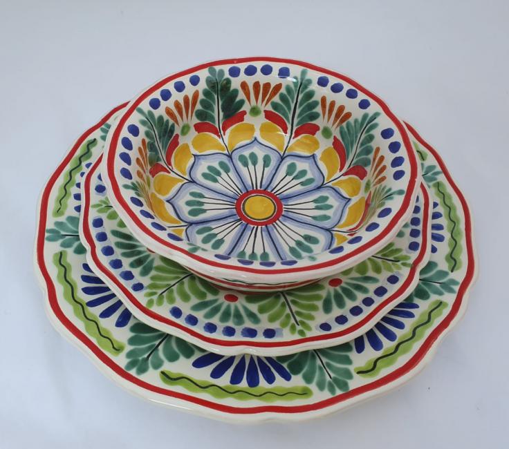 ceramica mexicana pintada a mano majolica talavera libre de plomo Vajilla Flor<br>3 piezas<br>Verde-Azul