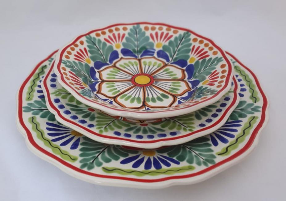  mexican ceramic mexican potttery folk art talavera Gorky Gonzalez Dish Set<br>3 pieces<br>Green-Blue-Terracota