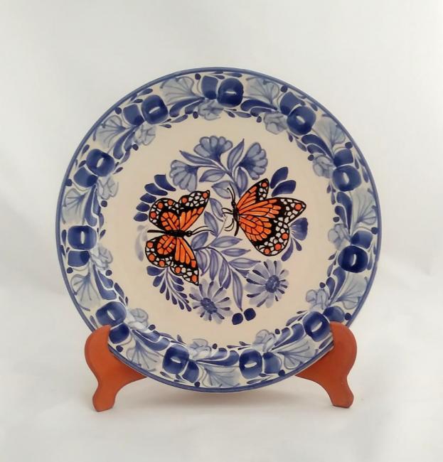  mexican ceramic mexican potttery folk art talavera Gorky Gonzalez Dinner Plate 10 in D<br>Monarca Butterfly<br>Blue-Orange