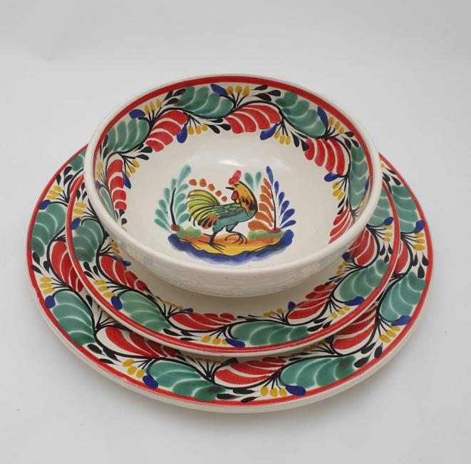  mexican ceramic mexican potttery folk art talavera Gorky Gonzalez Dish Set Rooster<br>3 pieces<br>Green-Red
