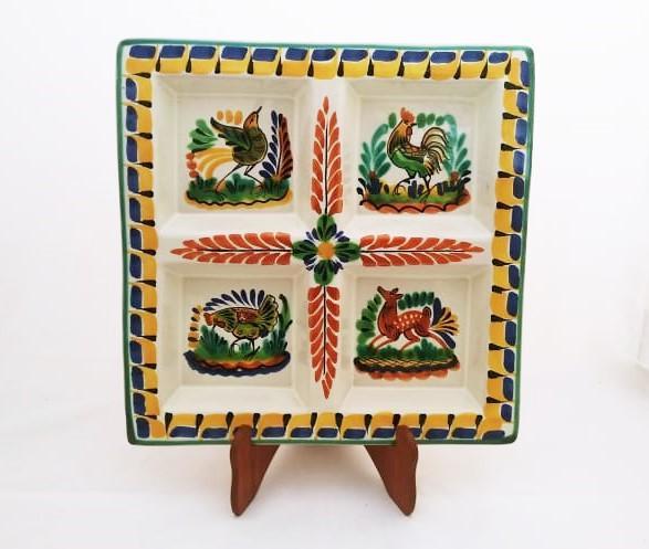ceramica mexicana pintada a mano majolica talavera libre de plomo Charola Cuadrada<br>Animales<br>Amarillo-Azul