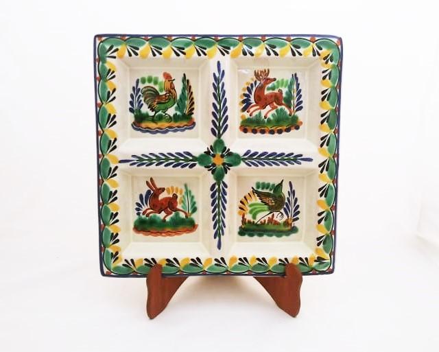 ceramica mexicana pintada a mano majolica talavera libre de plomo Charola Cuadrada<br>Animales<br>Verde-Amarillo