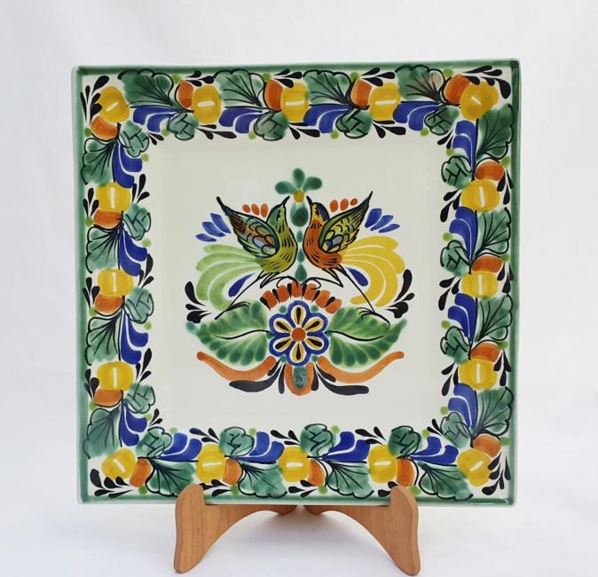  mexican ceramic mexican potttery folk art talavera Gorky Gonzalez Square Plate<br>Love Birds<br>Traditional Colors