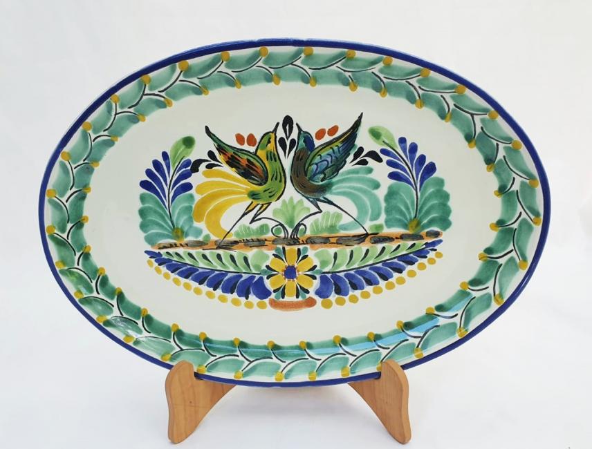  mexican ceramic mexican potttery folk art talavera Gorky Gonzalez Oval Plate<br>Love Birds<br>Green-Blue Colors