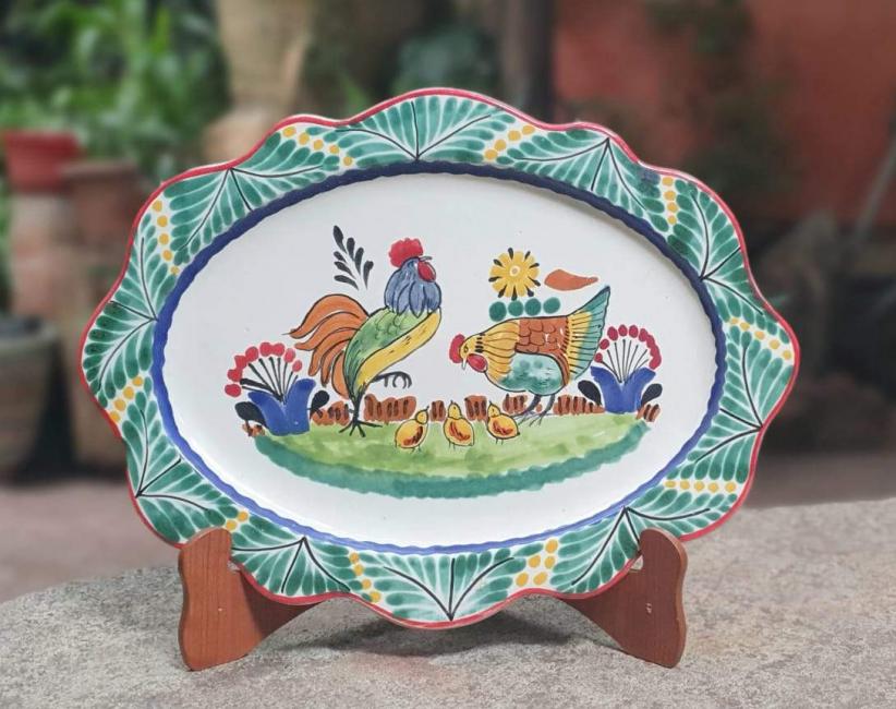 mexican ceramic mexican potttery folk art talavera Gorky Gonzalez Rooster Family<br>Cut Flat Platter