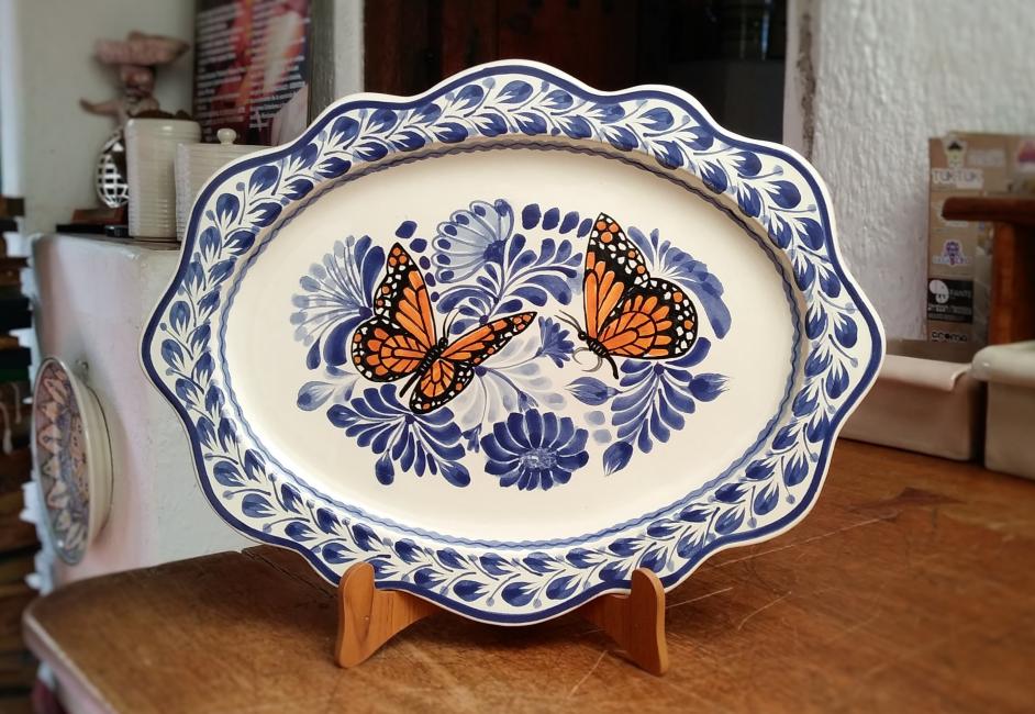  mexican ceramic mexican potttery folk art talavera Gorky Gonzalez Monarch Butterfly<br>Cut Flat Platter<br>Blue