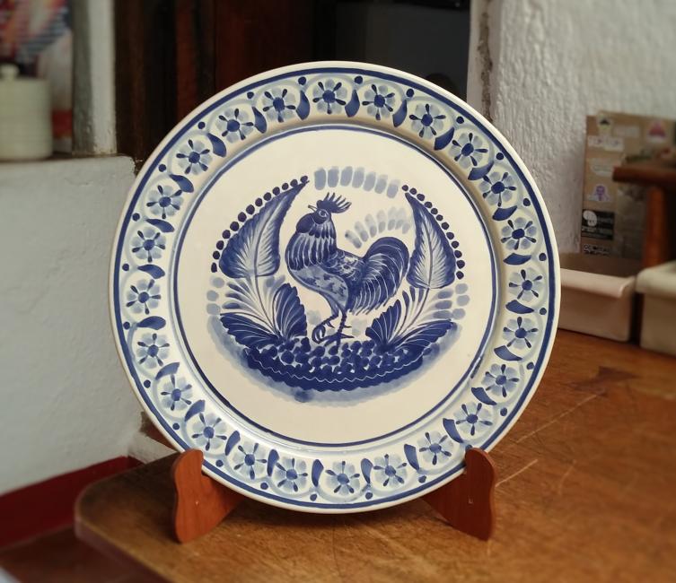  mexican ceramic mexican potttery folk art talavera Gorky Gonzalez Blue Rooster<br>Flat Round Platter