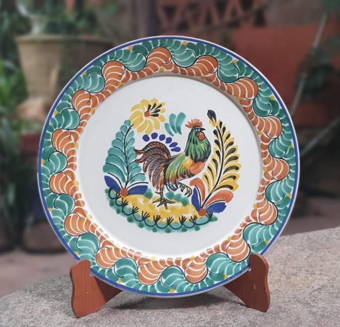 ceramica mexicana pintada a mano majolica talavera libre de plomo Platon Redondo Extendido<br>Gallo<br>Colores en Verde