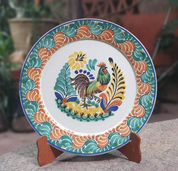  mexican ceramic mexican potttery folk art talavera Gorky Gonzalez Rooster<br>Flat Round Platter<br>Green Colors