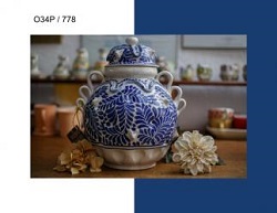 ceramica mexicana pintada a mano majolica talavera libre de plomo Olla C/Perrito<br>en Azul y Bco