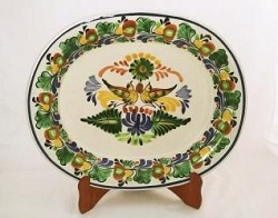 ceramica mexicana pintada a mano majolica talavera libre de plomo Platon Sin Recortar<br>Dos Pajaros Colores<br>Colores Verde-Amarillo