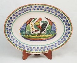 ceramica mexicana pintada a mano majolica talavera libre de plomo Platon Ovalado<br>Gallo<br>Colores Azul-Verde