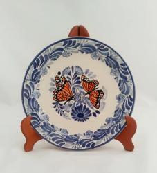 ceramica mexicana pintada a mano majolica talavera libre de plomo Plato Extendido 26 Cms<br>Mariposa Monarca<br>Azul-Naranja