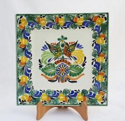 ceramica mexicana pintada a mano majolica talavera libre de plomo Plato Cuadrado Gde<br>Dos Pajaros<br>Colores Tradicionales
