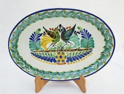 ceramica mexicana pintada a mano majolica talavera libre de plomo Plato Ovalado<br>Dos Pajaros<br>Verde-Azul