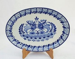 ceramica mexicana pintada a mano majolica talavera libre de plomo Plato Ovalado<br>Dos Pajaros<br>Azul y Bco