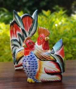 decorative-rooster-hen-chickens-table-ceramic-figures-handpainted-mexico-colors