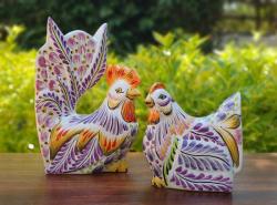 decorative-rooster-hen-chickens-table-ceramic-figures-handpainted-mexico-purple