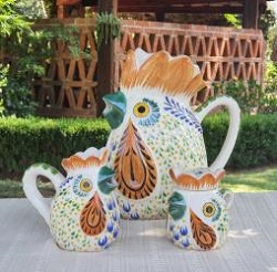 mexico-ceramics-pottery-rooster-creamer-and-sugar-set-water-pitcher-majolica-hand-painted-mexico