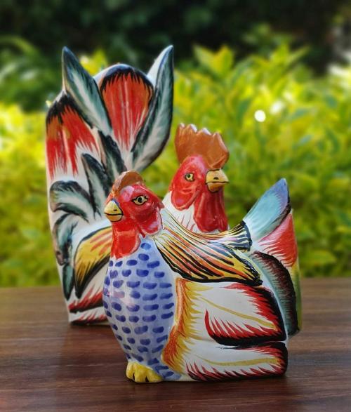  decorative-rooster-hen-chickens-table-ceramic-figures-handpainted-mexico-colors
